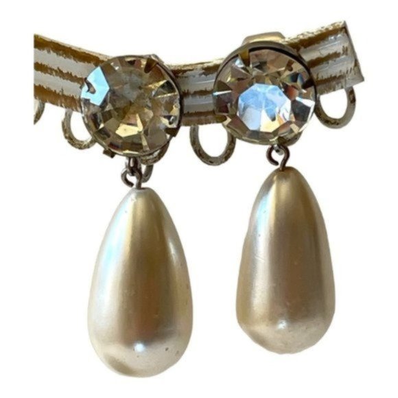 Teardrop Faux Pearl w/ Rhinestone Clip-on Dangle Earrings Vintage - Picture 1 of 5